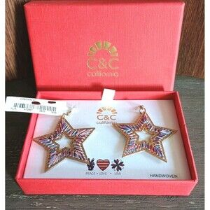 C & C California Red White Blue Gold Tone Star Handwoven Earrings New